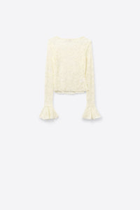 Q2 Women's Blouse Cream Lace Top With Long Flared Sleeves And Ruffles