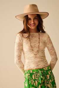Q2 Women's Blouse Cream Lace Top With Long Flared Sleeves And Ruffles