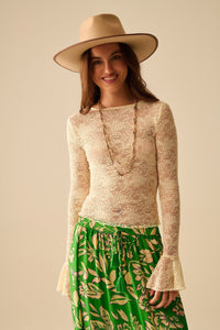 Q2 Women's Blouse Cream Lace Top With Long Flared Sleeves And Ruffles