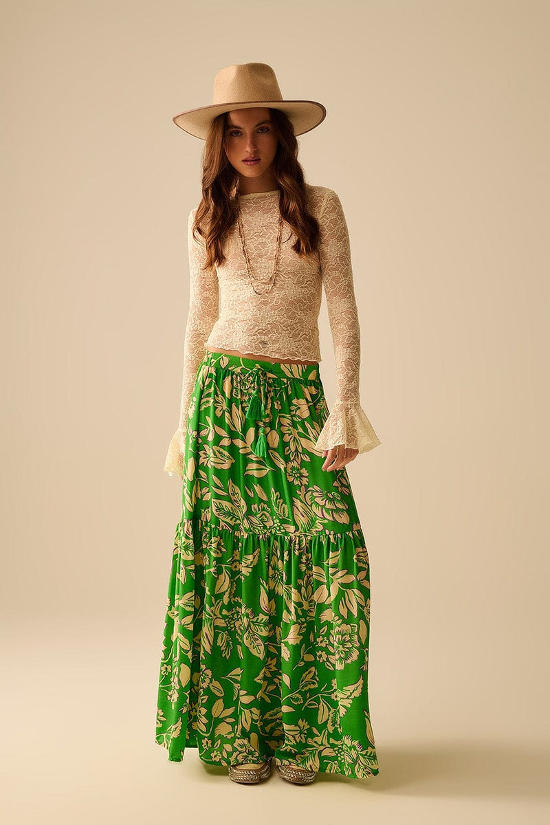 Q2 Women's Blouse Cream Lace Top With Long Flared Sleeves And Ruffles