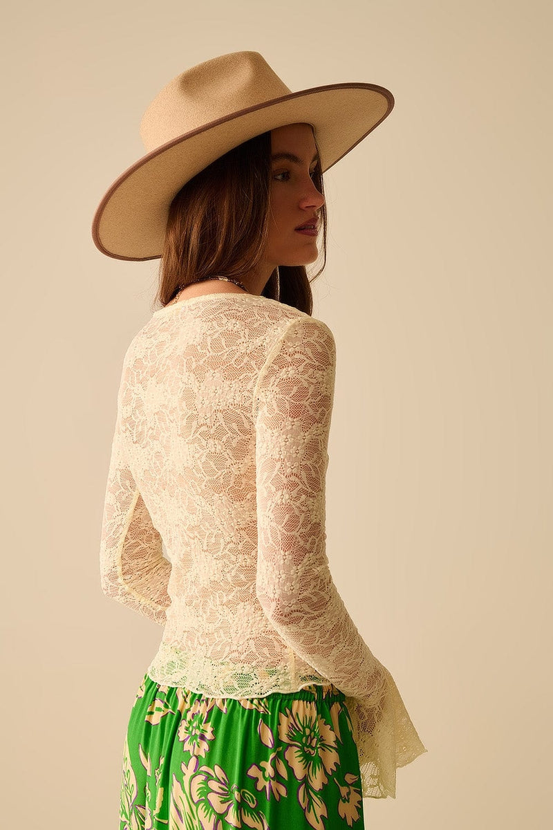 Q2 Women's Blouse Cream Lace Top With Long Flared Sleeves And Ruffles