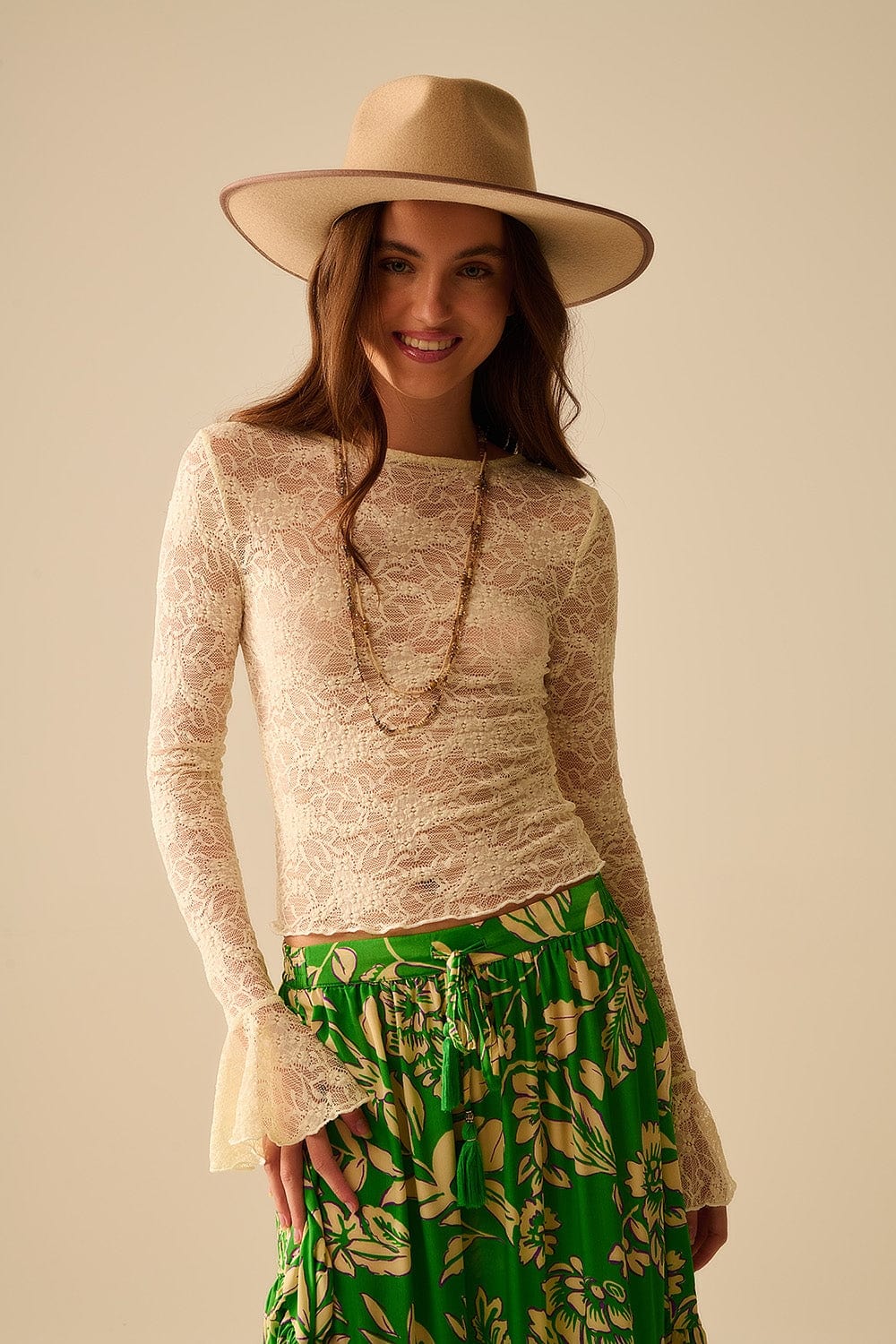 Q2 Women's Blouse Cream Lace Top With Long Flared Sleeves And Ruffles