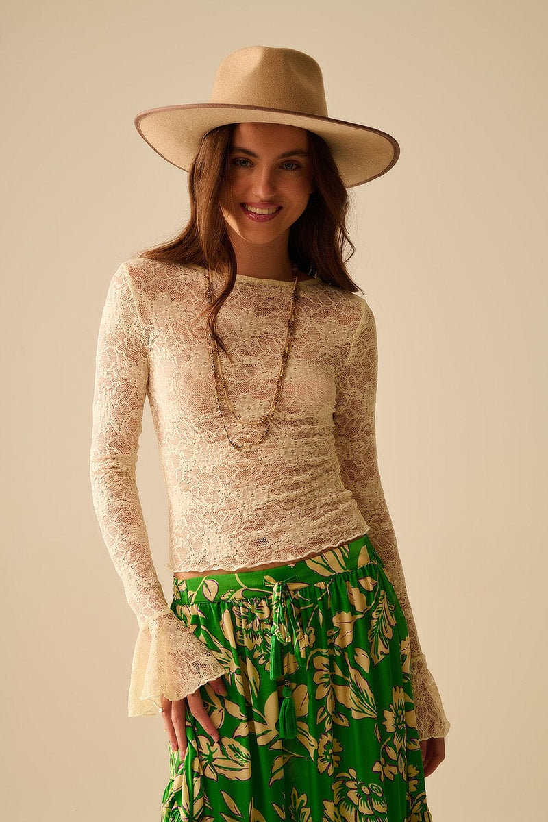 Q2 Women's Blouse Cream Lace Top With Long Flared Sleeves And Ruffles