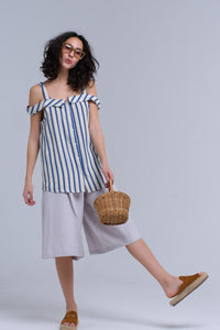 Q2 Women's Blouse Cream top with blue stripes