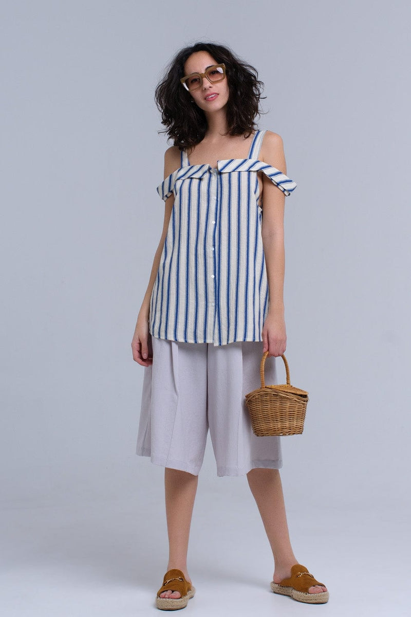 Q2 Women's Blouse Cream top with blue stripes