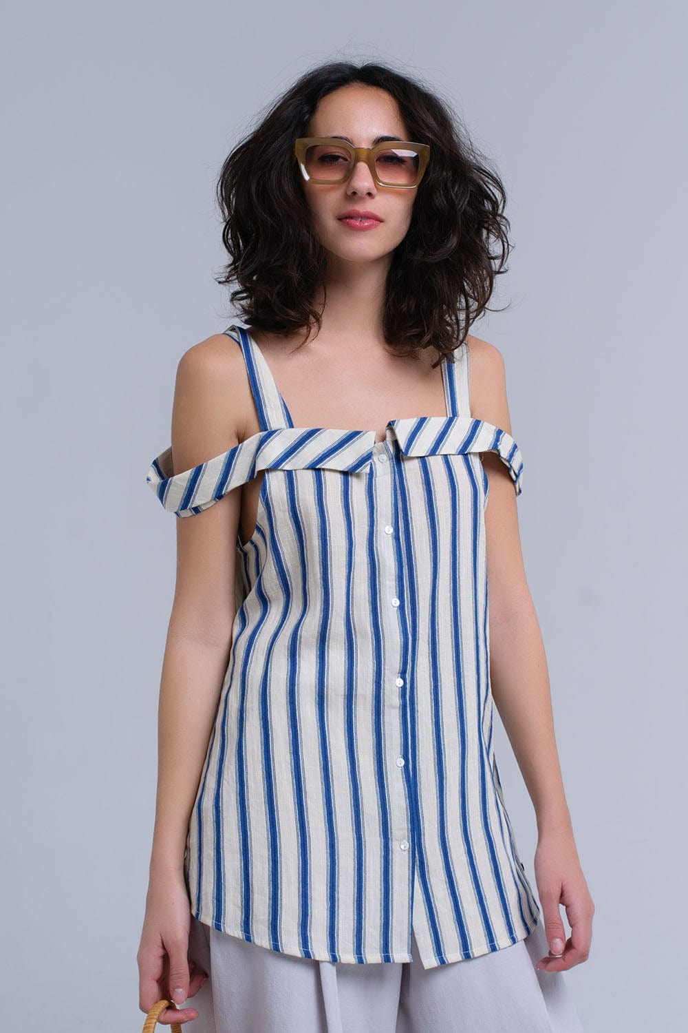 Q2 Women's Blouse Cream top with blue stripes