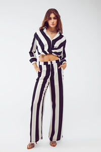 Q2 Women's Blouse Crop Shirt With Knot Detail In Black And White Stripes