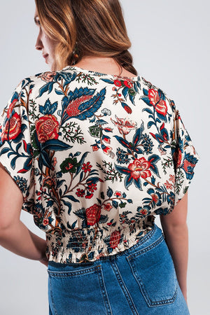 Q2 Women's Blouse Crop Top with Beige Paisley Print
