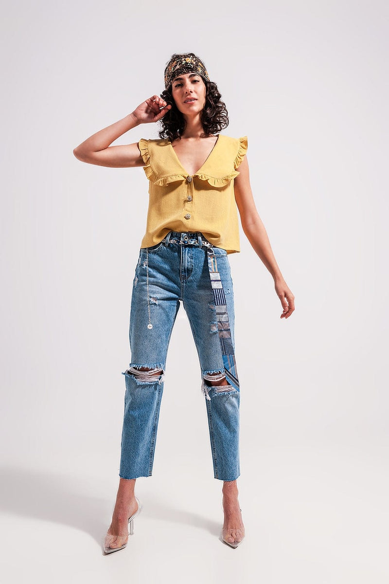 Q2 Women's Blouse Crop Top with Bib Collar