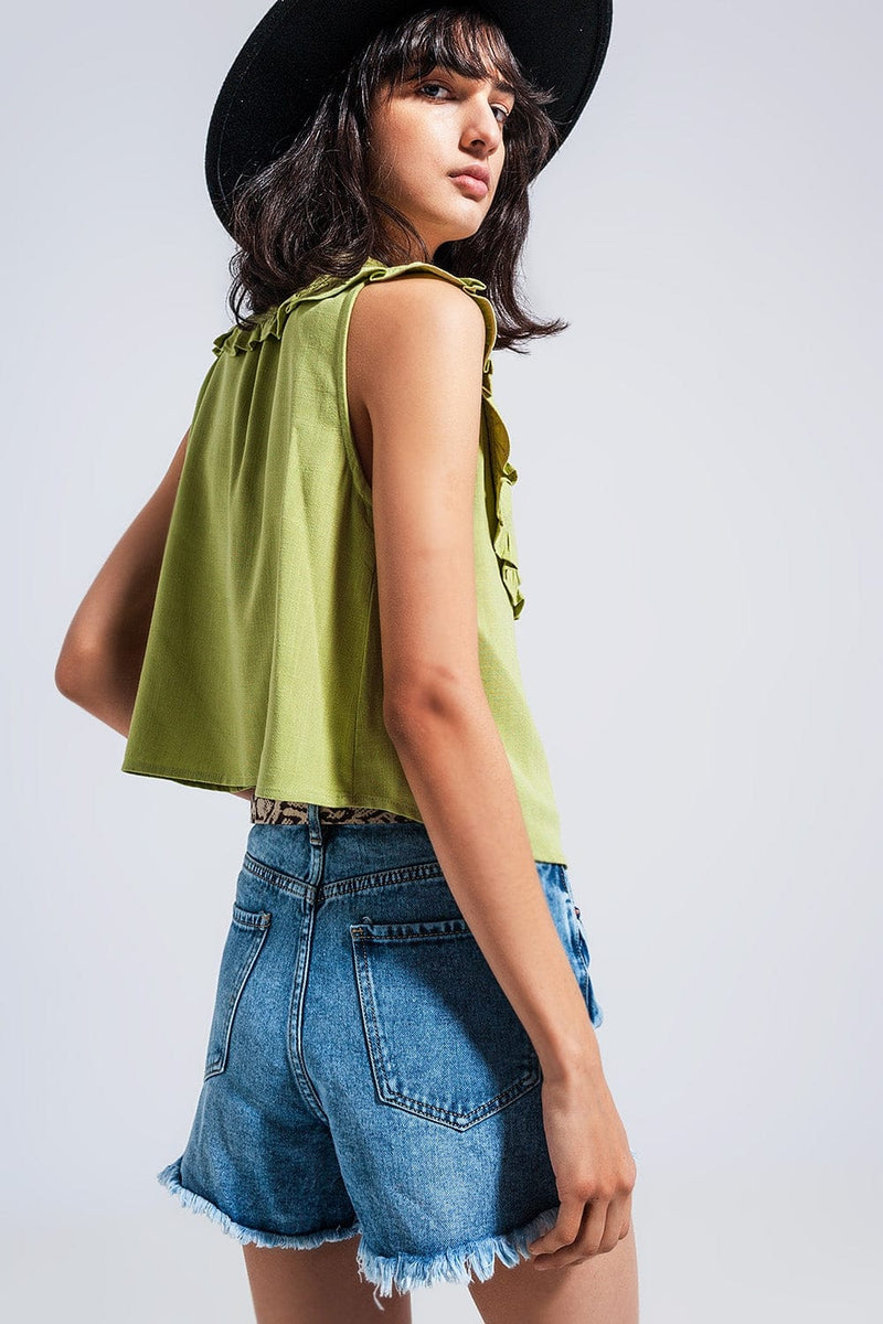 Q2 Women's Blouse Crop Top with Bib Collar in Green