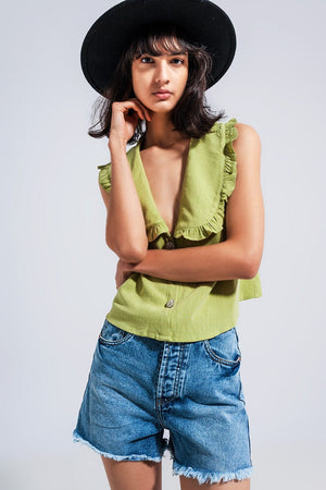 Q2 Women's Blouse Crop Top with Bib Collar in Green