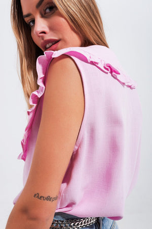 Q2 Women's Blouse Crop Top with Bib Collar in Pink