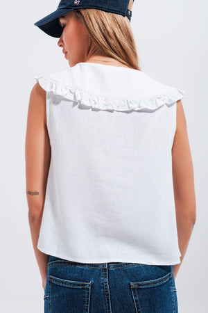 Q2 Women's Blouse Crop Top with Bib Collar in White