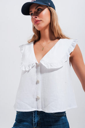 Q2 Women's Blouse Crop Top with Bib Collar in White
