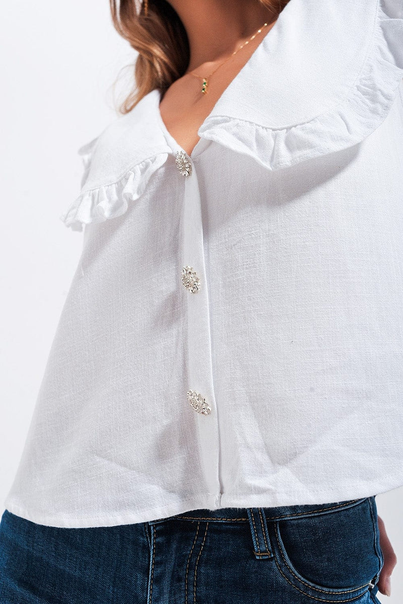 Q2 Women's Blouse Crop Top with Bib Collar in White