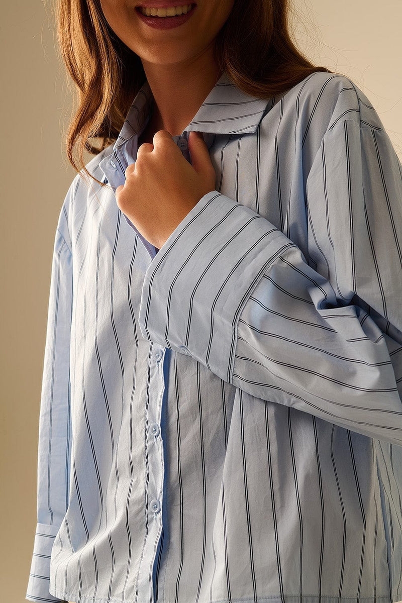 Q2 Women's Blouse Cropped Blue Striped Poplin Shirt