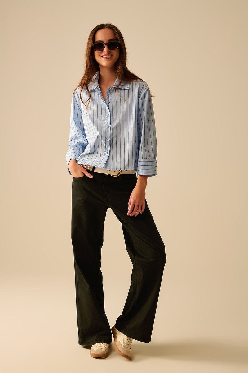 Q2 Women's Blouse Cropped Blue Striped Poplin Shirt