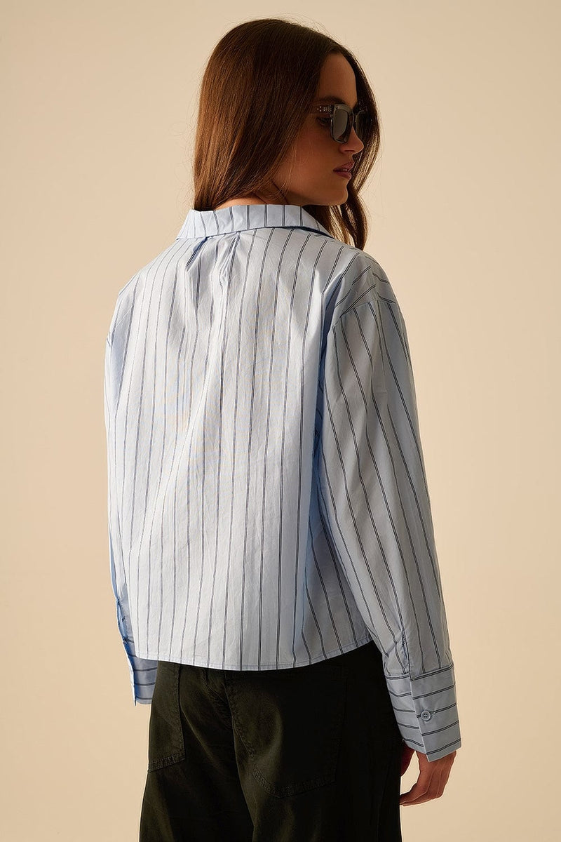 Q2 Women's Blouse Cropped Blue Striped Poplin Shirt