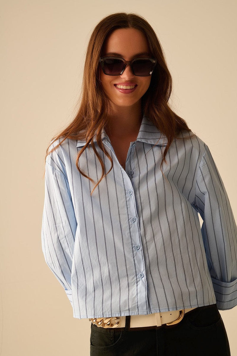 Q2 Women's Blouse Cropped Blue Striped Poplin Shirt