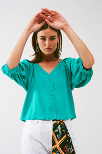 Q2 Women's Blouse Cropped Button Through Shirt in Green