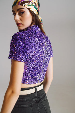 Q2 Women's Blouse Cropped High Neck Top In Purple Sequin