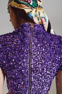 Q2 Women's Blouse Cropped High Neck Top In Purple Sequin