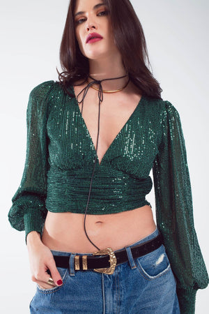 Q2 Women's Blouse Cropped Long Sleeve Sequin Top With V-Neck And Rouched Design In Green