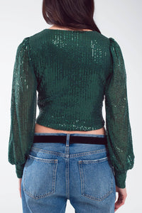 Q2 Women's Blouse Cropped Long Sleeve Sequin Top With V-Neck And Rouched Design In Green