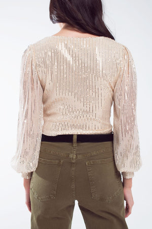 Q2 Women's Blouse Cropped Long Sleeve Sequin Top With V-Neck And Rouched Design In Pearl White