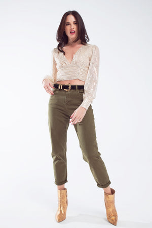 Q2 Women's Blouse Cropped Long Sleeve Sequin Top With V-Neck And Rouched Design In Pearl White