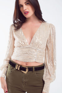 Q2 Women's Blouse Cropped Long Sleeve Sequin Top With V-Neck And Rouched Design In Pearl White