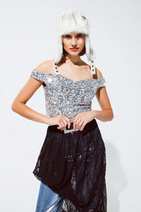 Q2 Women's Blouse Cropped Sequin Glitter Top In Silver