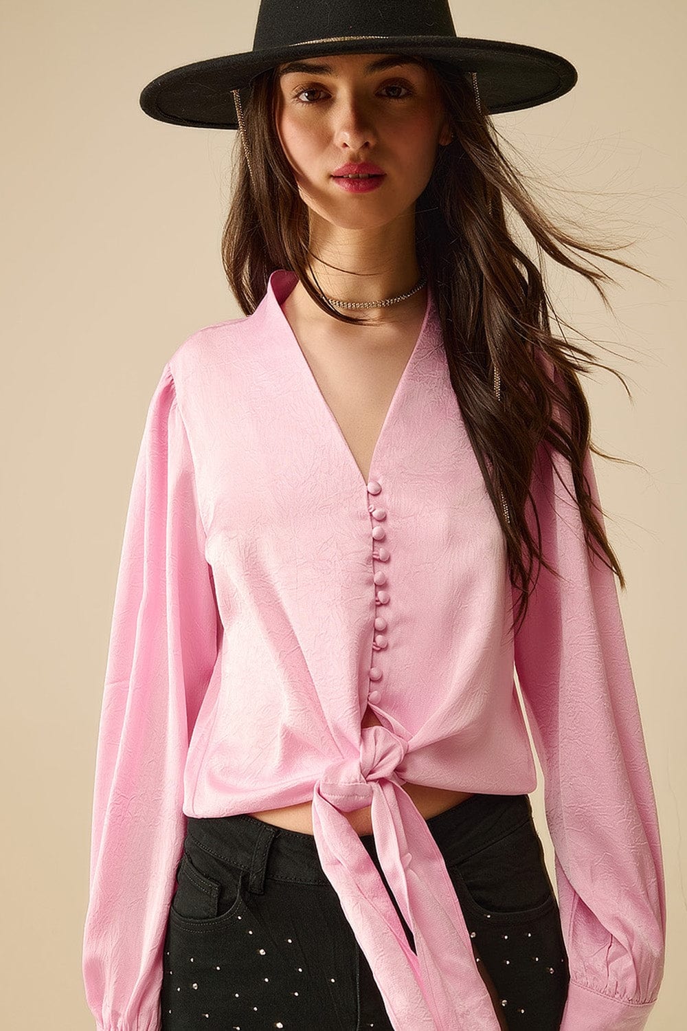 Q2 Women's Blouse Cropped Shirt In Pink Featuring Knot