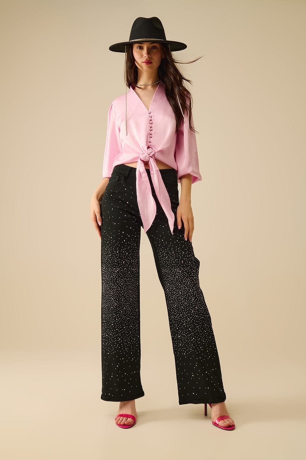 Q2 Women's Blouse Cropped Shirt In Pink Featuring Knot