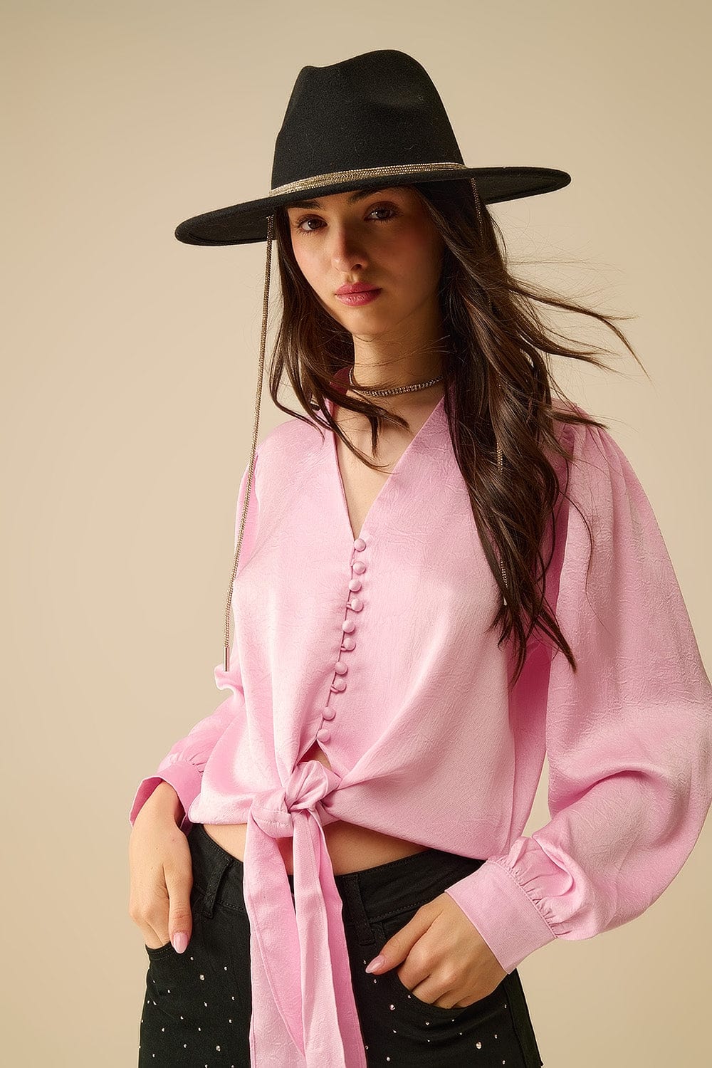 Q2 Women's Blouse Cropped Shirt In Pink Featuring Knot