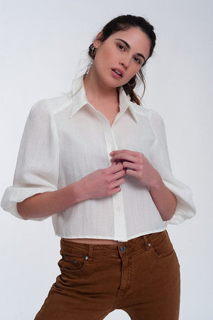 Q2 Women's Blouse Cropped Shirt with Puff Sleeve in Cream