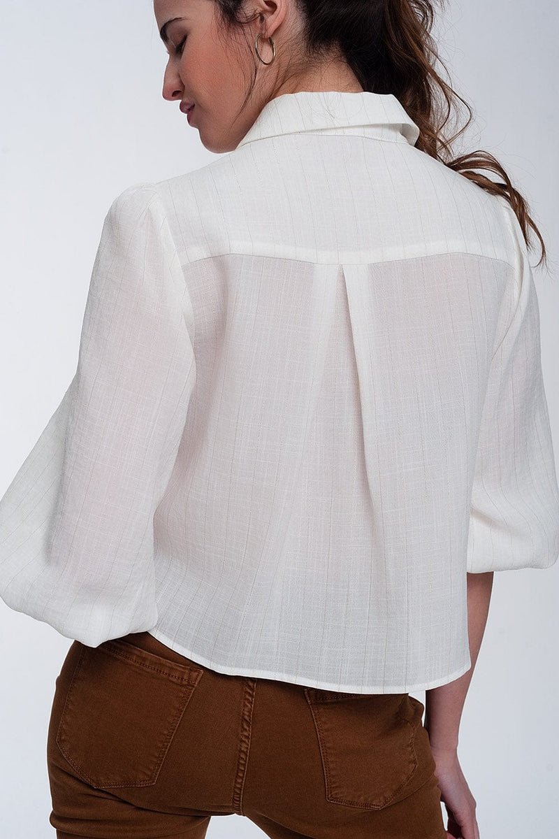 Q2 Women's Blouse Cropped Shirt with Puff Sleeve in Cream