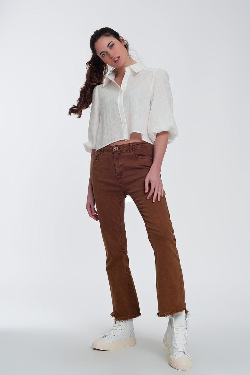 Q2 Women's Blouse Cropped Shirt with Puff Sleeve in Cream