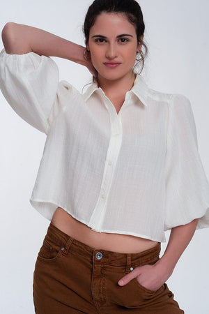 Q2 Women's Blouse Cropped Shirt with Puff Sleeve in Cream