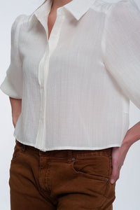 Q2 Women's Blouse Cropped Shirt with Puff Sleeve in Cream