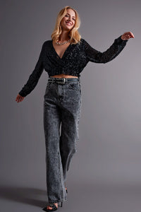 Q2 Women's Blouse Cross Over Cropped and Sheer Top with Sequins in Black