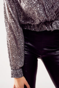 Q2 Women's Blouse Cross Over Cropped And Sheer Top With Sequins In Silver