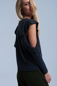 Q2 Women's Blouse Dark gray top with ruffle and open detail