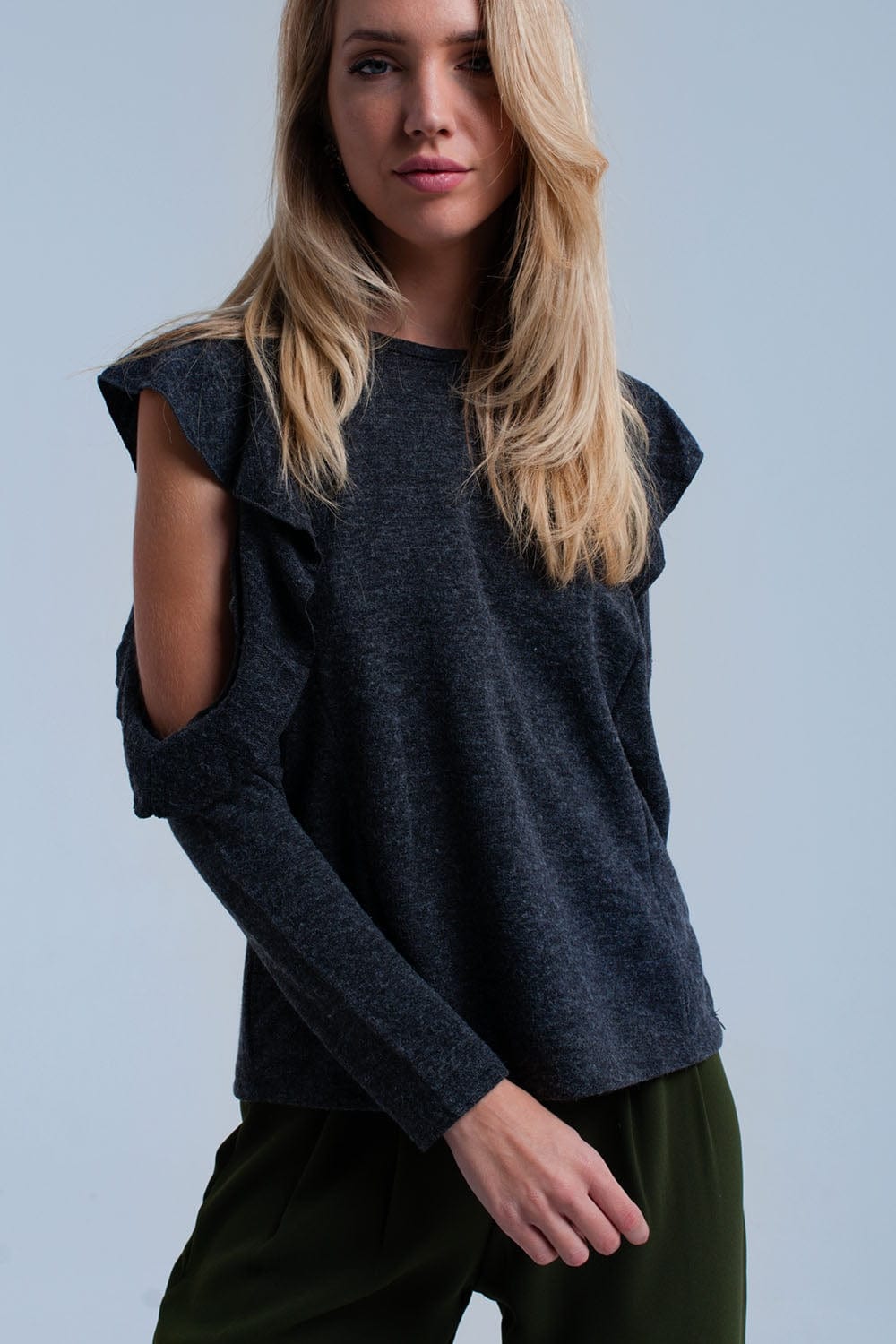 Q2 Women's Blouse Dark gray top with ruffle and open detail