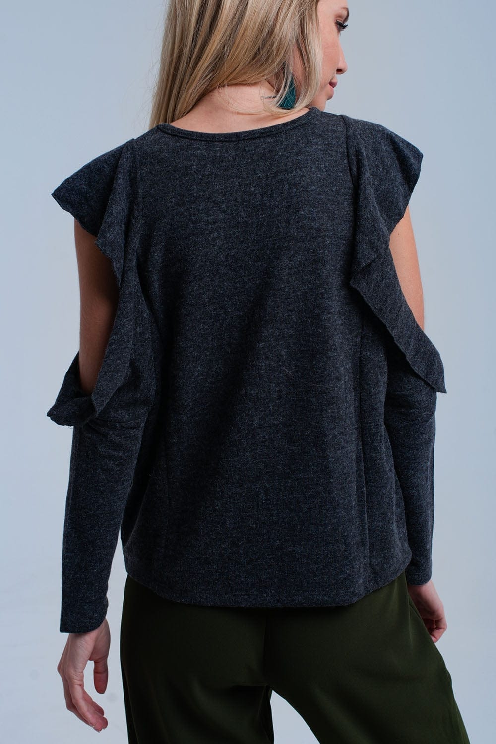 Q2 Women's Blouse Dark gray top with ruffle and open detail
