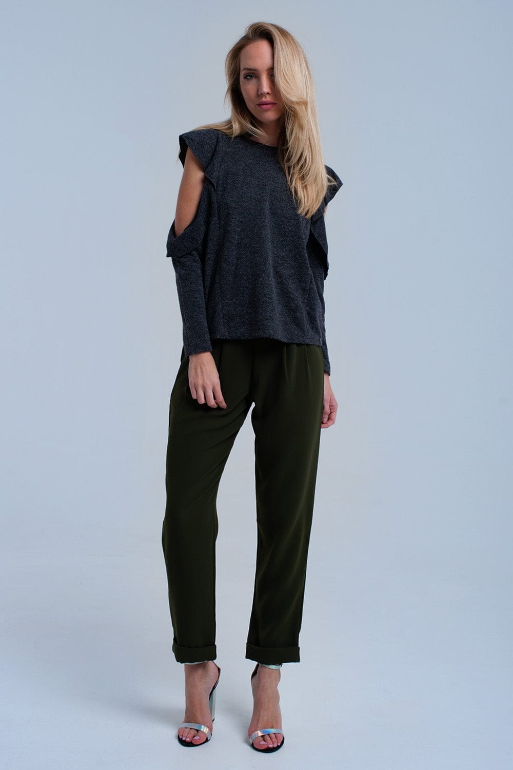 Q2 Women's Blouse Dark gray top with ruffle and open detail