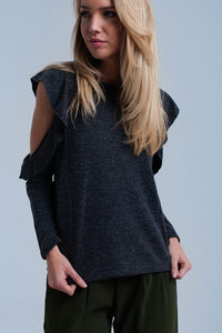 Q2 Women's Blouse Dark gray top with ruffle and open detail