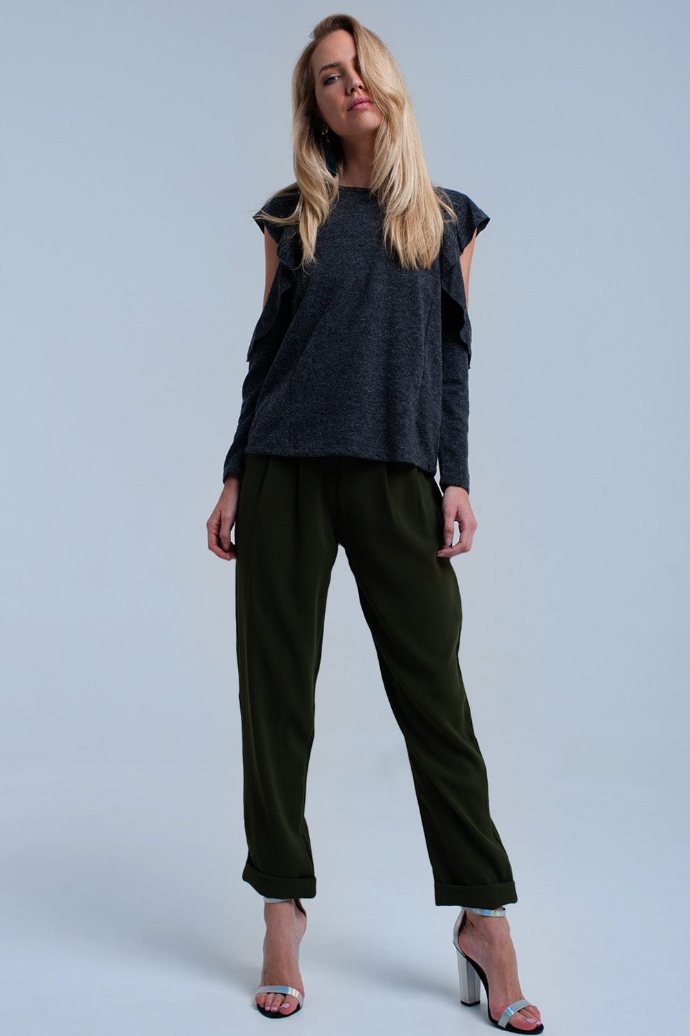 Q2 Women's Blouse Dark gray top with ruffle and open detail