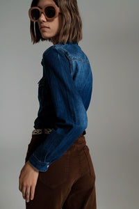 Q2 Women's Blouse Denim Shirt In Mid Wash Blue