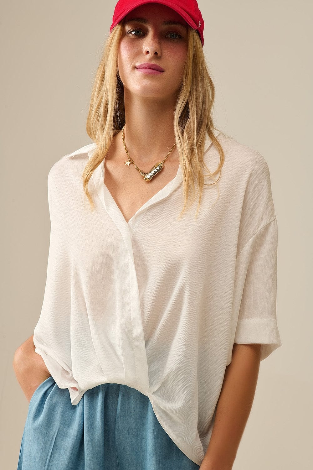 Q2 Women's Blouse Draped Short Sleeve Blouse In White